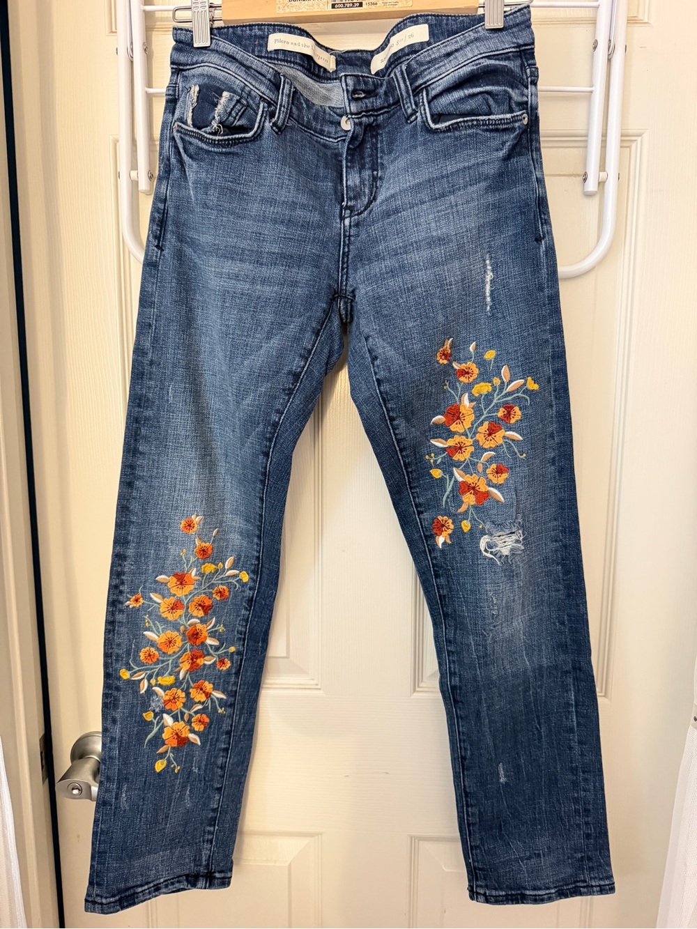 Pilcro Blue Straight-Leg Jeans with Orange Floral Embroidery